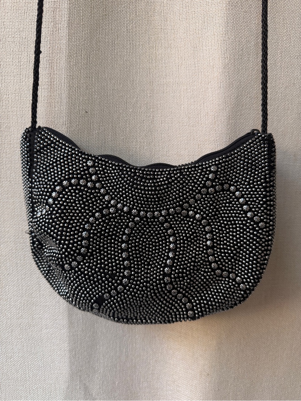 Vintage Black Beaded Shoulder Bag with Silver Accents